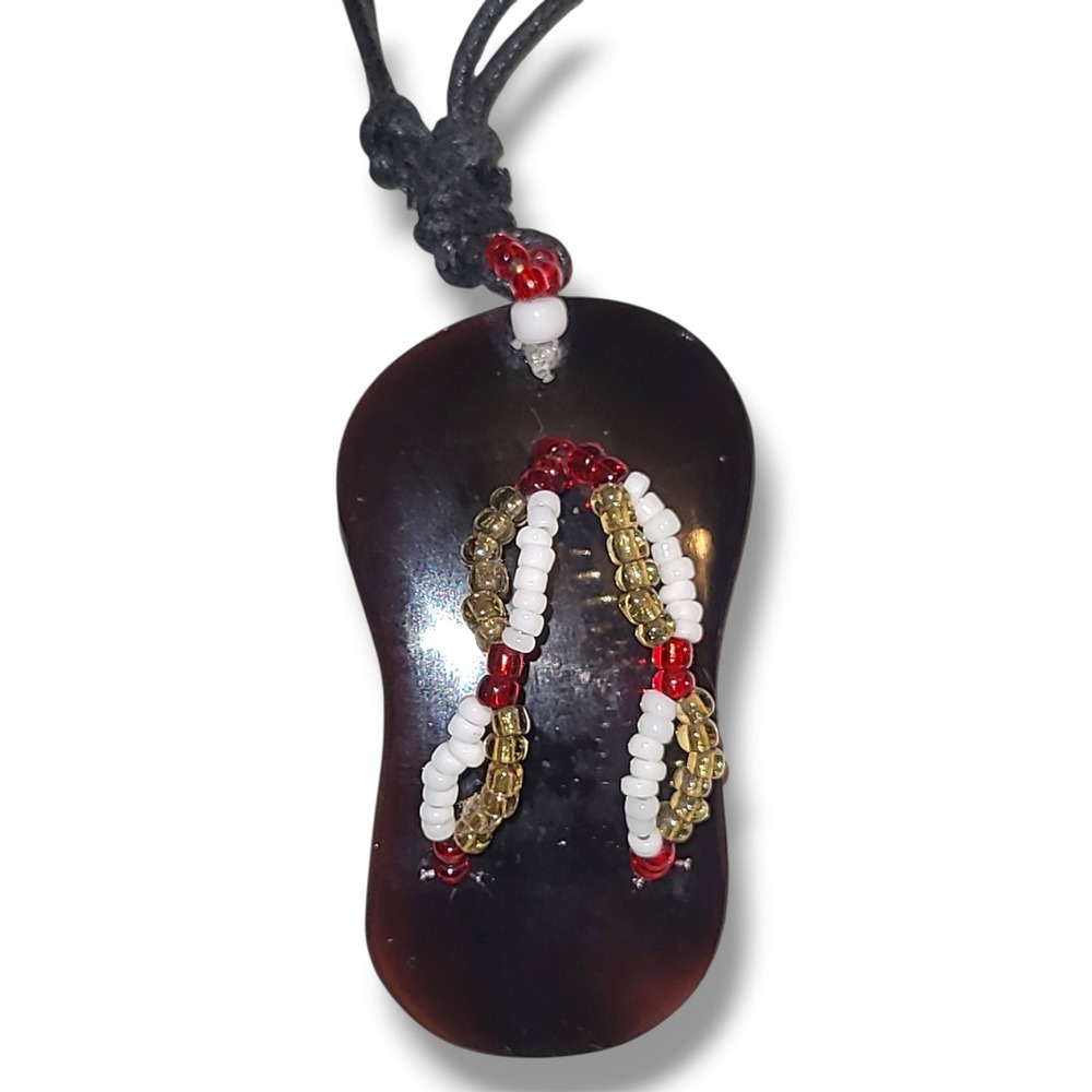 Brown Recycled Glass Flip Flop‎ Pendant Necklace Beach Boho Seed Bead Black Cord